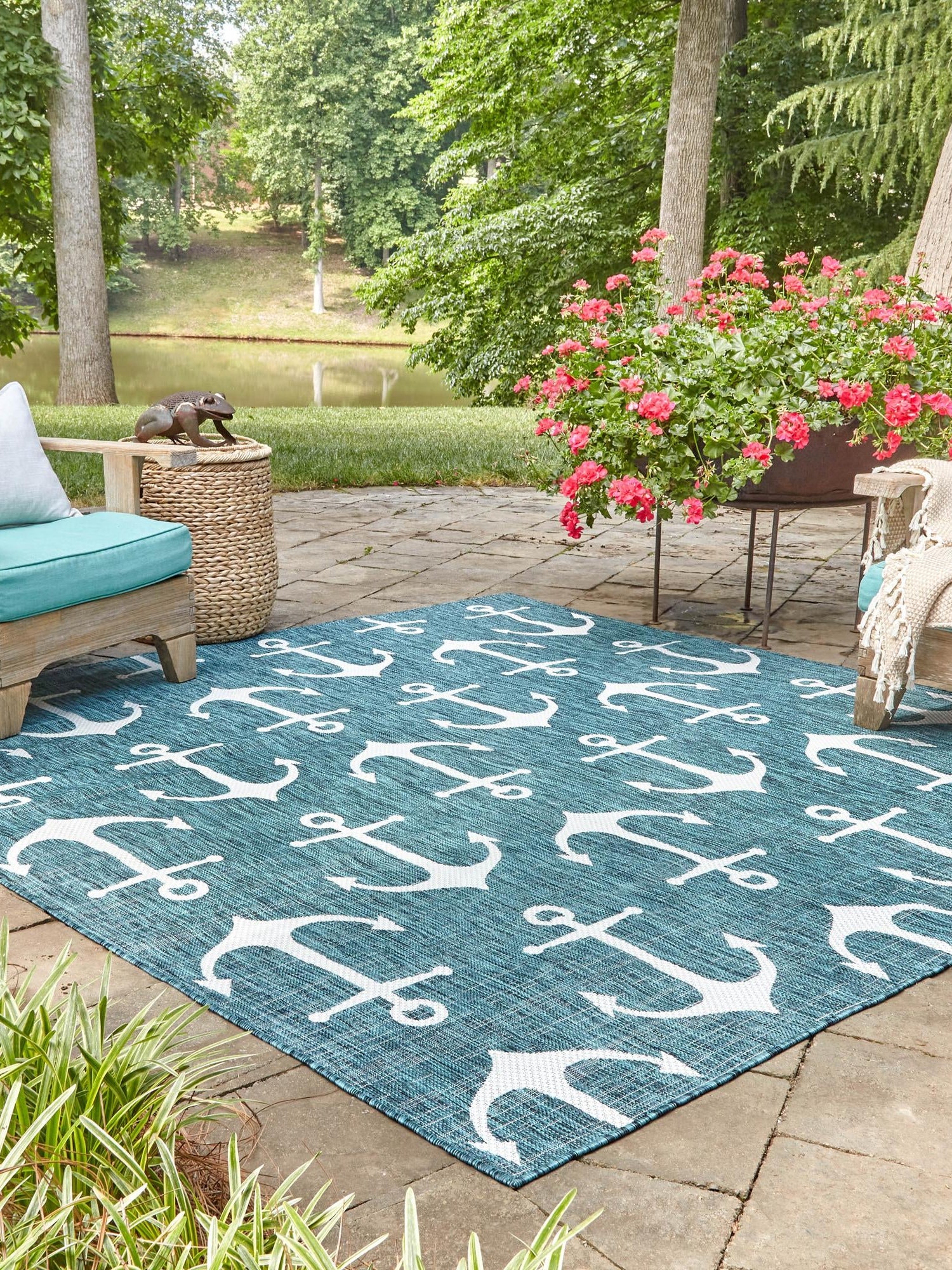 Teal 13' 1 x 13' 1 Outdoor Coastal Square Area Rug Weather Resistant for Patio, Deck, Terrace, Balcony, Porch 100% Polypropylene Coastal Decor Carpet for Sale at Rug Engine