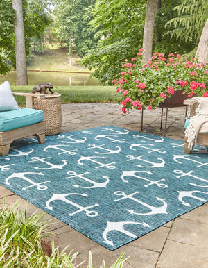 Teal 5' 3 x 5' 3 Outdoor Coastal Square Area Rug Weather Resistant for Patio, Deck, Terrace, Balcony, Porch 100% Polypropylene Coastal Decor Carpet for Sale at Rug Engine