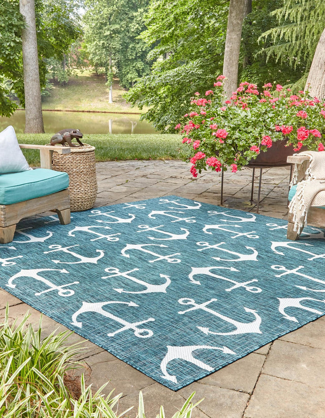 Teal 5' 3 x 5' 3 Outdoor Coastal Square Area Rug Weather Resistant for Patio, Deck, Terrace, Balcony, Porch 100% Polypropylene Coastal Decor Carpet for Sale at Rug Engine