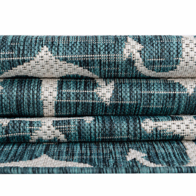 Teal 7' 10 x 7' 10 Outdoor Coastal Square Area Rug Weather Resistant for Patio, Deck, Terrace, Balcony, Porch 100% Polypropylene Coastal Decor Carpet for Sale at Rug Engine