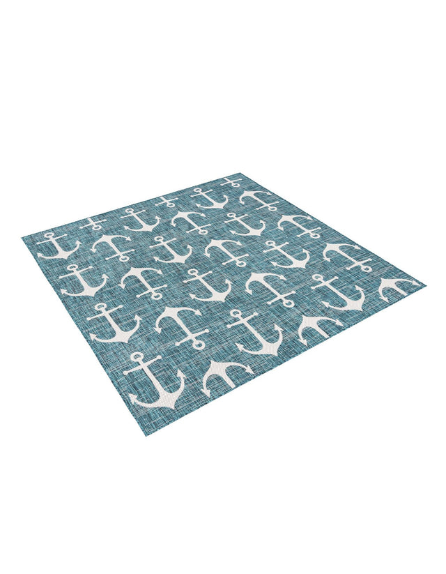 Teal 7' 10 x 7' 10 Outdoor Coastal Square Area Rug Weather Resistant for Patio, Deck, Terrace, Balcony, Porch 100% Polypropylene Coastal Decor Carpet for Sale at Rug Engine