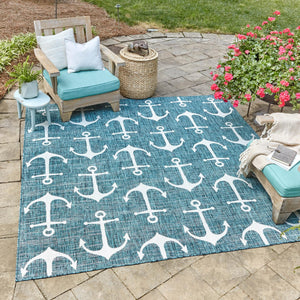 Teal 5' 3 x 5' 3 Outdoor Coastal Square Area Rug Weather Resistant for Patio, Deck, Terrace, Balcony, Porch 100% Polypropylene Coastal Decor Carpet for Sale at Rug Engine