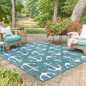 Teal 7' 10 x 7' 10 Outdoor Coastal Square Area Rug Weather Resistant for Patio, Deck, Terrace, Balcony, Porch 100% Polypropylene Coastal Decor Carpet for Sale at Rug Engine