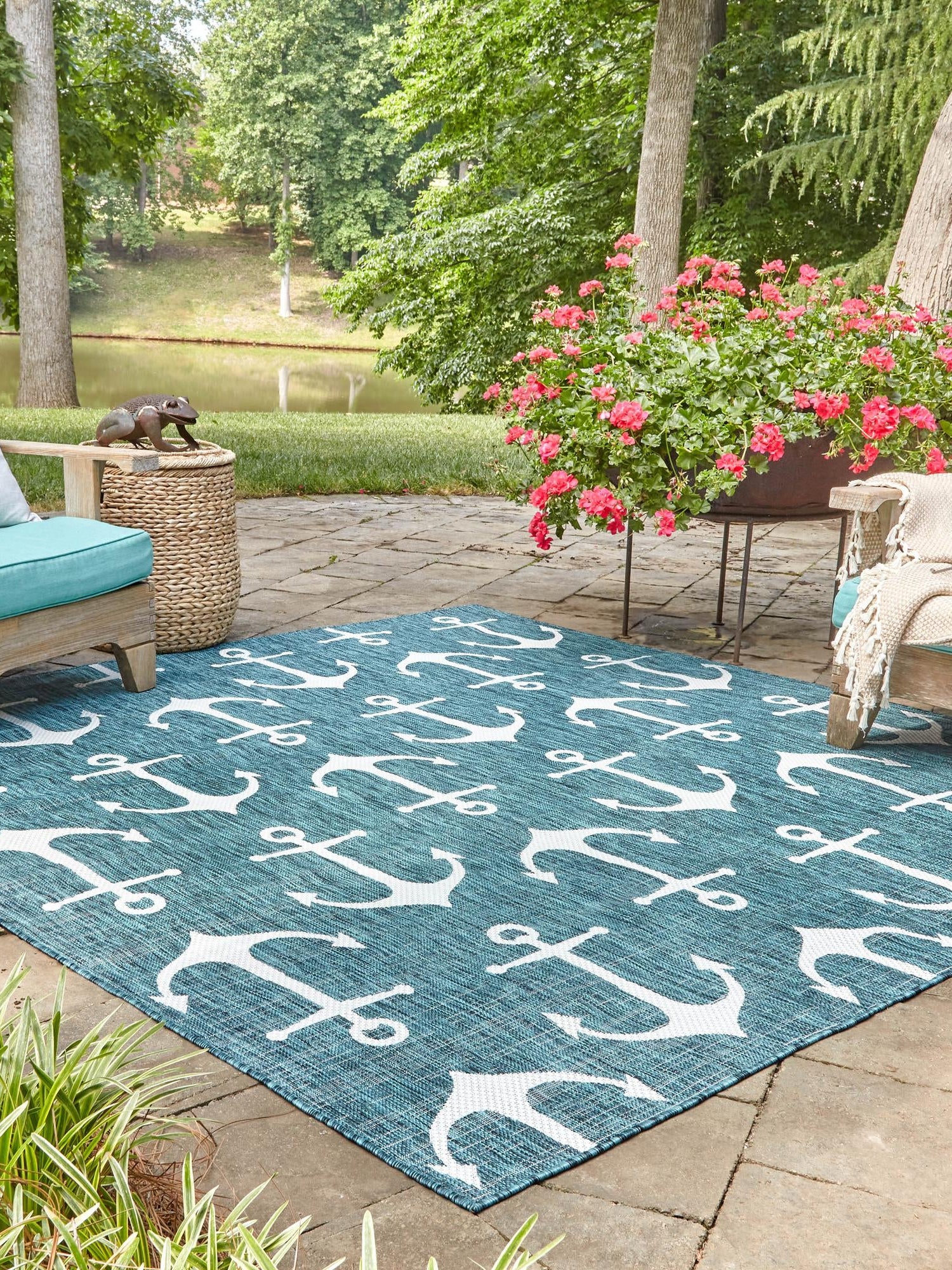 Teal 5' 3 x 5' 3 Outdoor Coastal Square Area Rug Weather Resistant for Patio, Deck, Terrace, Balcony, Porch 100% Polypropylene Coastal Decor Carpet for Sale at Rug Engine