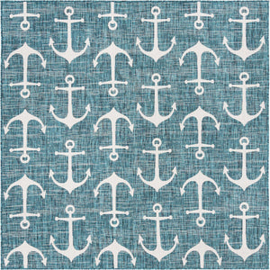 Teal 7' 10 x 7' 10 Outdoor Coastal Square Area Rug Weather Resistant for Patio, Deck, Terrace, Balcony, Porch 100% Polypropylene Coastal Decor Carpet for Sale at Rug Engine