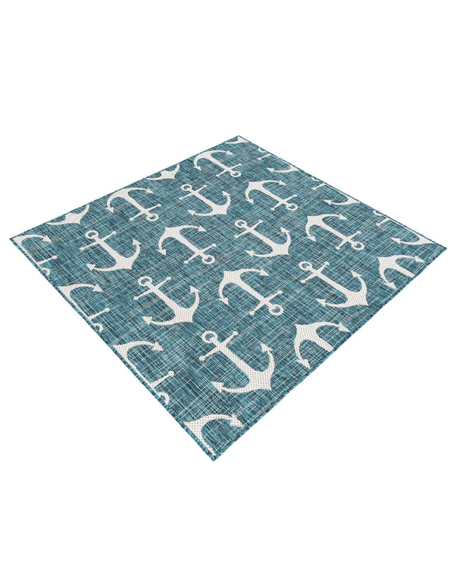Teal 5' 3 x 5' 3 Outdoor Coastal Square Area Rug Weather Resistant for Patio, Deck, Terrace, Balcony, Porch 100% Polypropylene Coastal Decor Carpet for Sale at Rug Engine