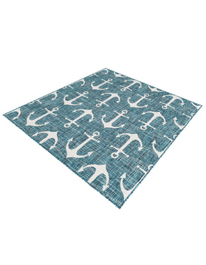 Teal 5' 3 x 5' 3 Outdoor Coastal Square Area Rug Weather Resistant for Patio, Deck, Terrace, Balcony, Porch 100% Polypropylene Coastal Decor Carpet for Sale at Rug Engine