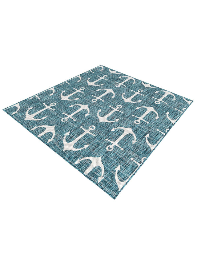 Teal 5' 3 x 5' 3 Outdoor Coastal Square Area Rug Weather Resistant for Patio, Deck, Terrace, Balcony, Porch 100% Polypropylene Coastal Decor Carpet for Sale at Rug Engine