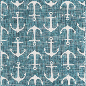Teal 5' 3 x 5' 3 Outdoor Coastal Square Area Rug Weather Resistant for Patio, Deck, Terrace, Balcony, Porch 100% Polypropylene Coastal Decor Carpet for Sale at Rug Engine