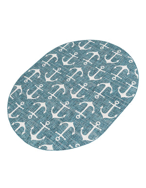 Teal 7' 10 x 10' Outdoor Coastal Oval Area Rug Weather Resistant for Patio, Deck, Terrace, Balcony, Porch 100% Polypropylene Coastal Decor Carpet for Sale at Rug Engine