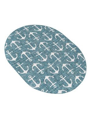 Teal 7' 10 x 10' Outdoor Coastal Oval Area Rug Weather Resistant for Patio, Deck, Terrace, Balcony, Porch 100% Polypropylene Coastal Decor Carpet for Sale at Rug Engine