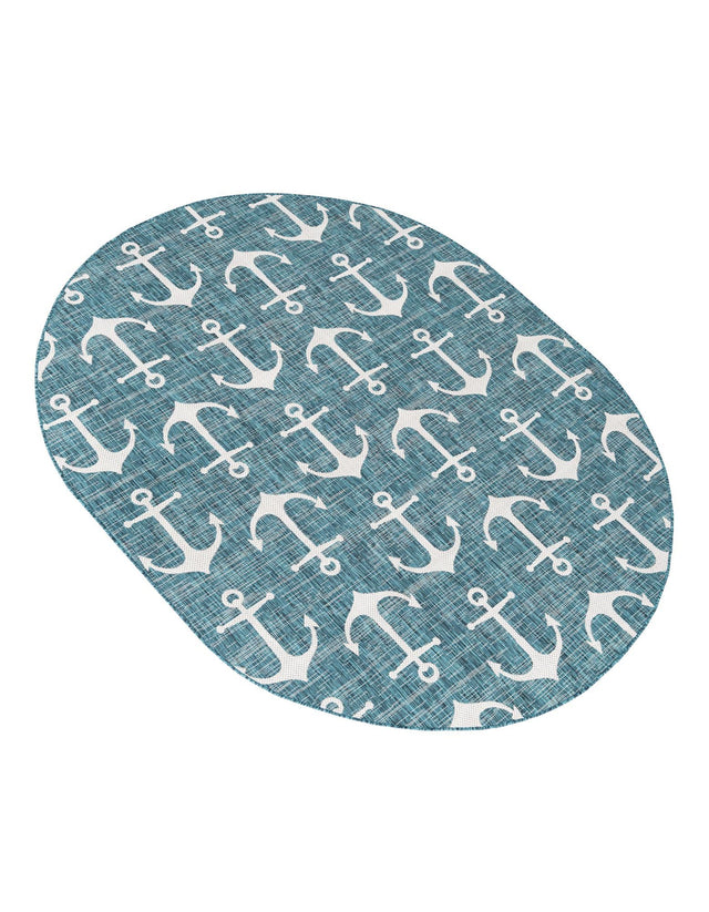 Teal 7' 10 x 10' Outdoor Coastal Oval Area Rug Weather Resistant for Patio, Deck, Terrace, Balcony, Porch 100% Polypropylene Coastal Decor Carpet for Sale at Rug Engine