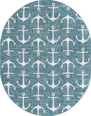 Teal 7' 10 x 10' Outdoor Coastal Oval Area Rug Weather Resistant for Patio, Deck, Terrace, Balcony, Porch 100% Polypropylene Coastal Decor Carpet for Sale at Rug Engine