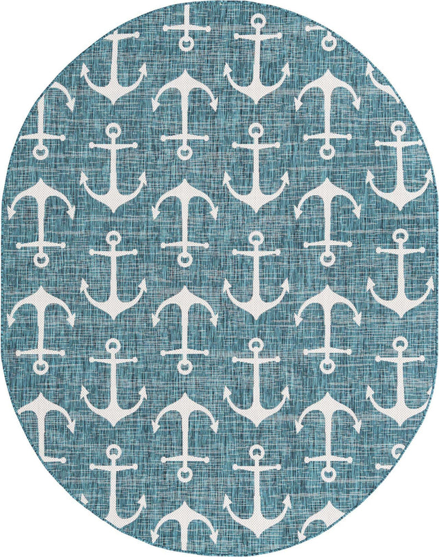 Teal 7' 10 x 10' Outdoor Coastal Oval Area Rug Weather Resistant for Patio, Deck, Terrace, Balcony, Porch 100% Polypropylene Coastal Decor Carpet for Sale at Rug Engine