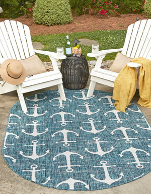 Teal 5' 3 x 8' Outdoor Coastal Oval Area Rug Weather Resistant for Patio, Deck, Terrace, Balcony, Porch 100% Polypropylene Coastal Decor Carpet for Sale at Rug Engine