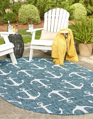 Teal 3' 1 x 5' 3 Outdoor Coastal Oval Area Rug Weather Resistant for Patio, Deck, Terrace, Balcony, Porch 100% Polypropylene Coastal Decor Carpet for Sale at Rug Engine
