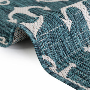Teal 7' 10 x 10' Outdoor Coastal Oval Area Rug Weather Resistant for Patio, Deck, Terrace, Balcony, Porch 100% Polypropylene Coastal Decor Carpet for Sale at Rug Engine