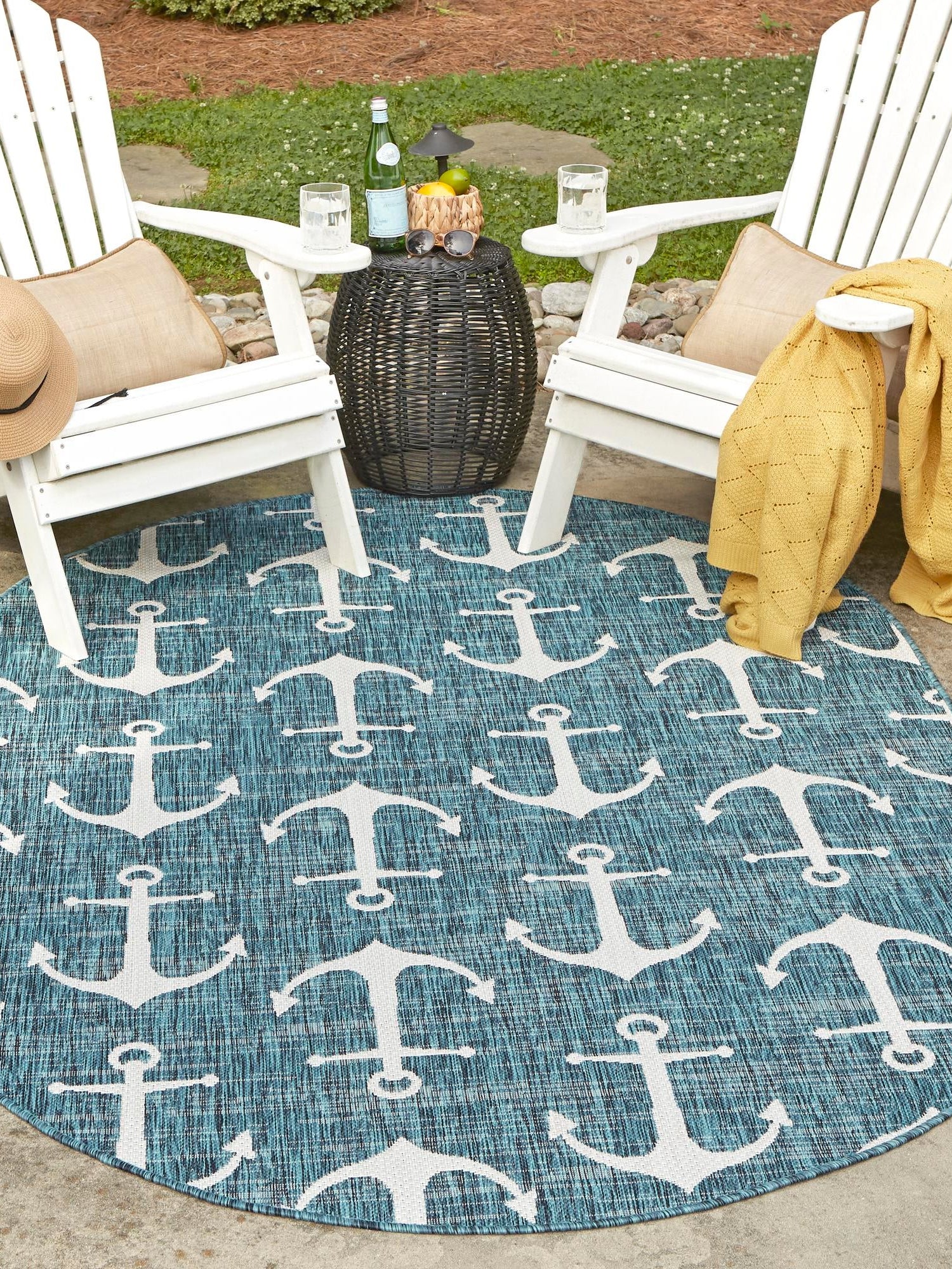 Teal 7' 10 x 10' Outdoor Coastal Oval Area Rug Weather Resistant for Patio, Deck, Terrace, Balcony, Porch 100% Polypropylene Coastal Decor Carpet for Sale at Rug Engine