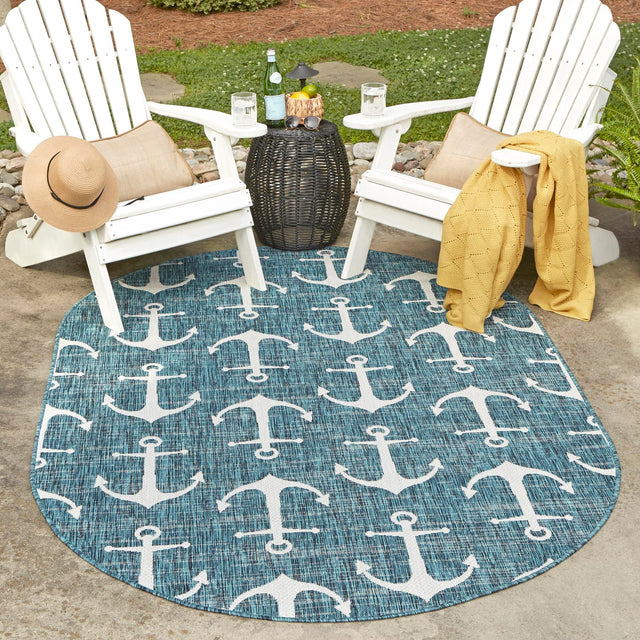 Teal 3' 1 x 5' 3 Outdoor Coastal Oval Area Rug Weather Resistant for Patio, Deck, Terrace, Balcony, Porch 100% Polypropylene Coastal Decor Carpet for Sale at Rug Engine