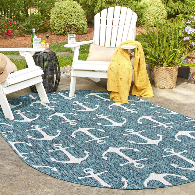 Teal 7' 10 x 10' Outdoor Coastal Oval Area Rug Weather Resistant for Patio, Deck, Terrace, Balcony, Porch 100% Polypropylene Coastal Decor Carpet for Sale at Rug Engine
