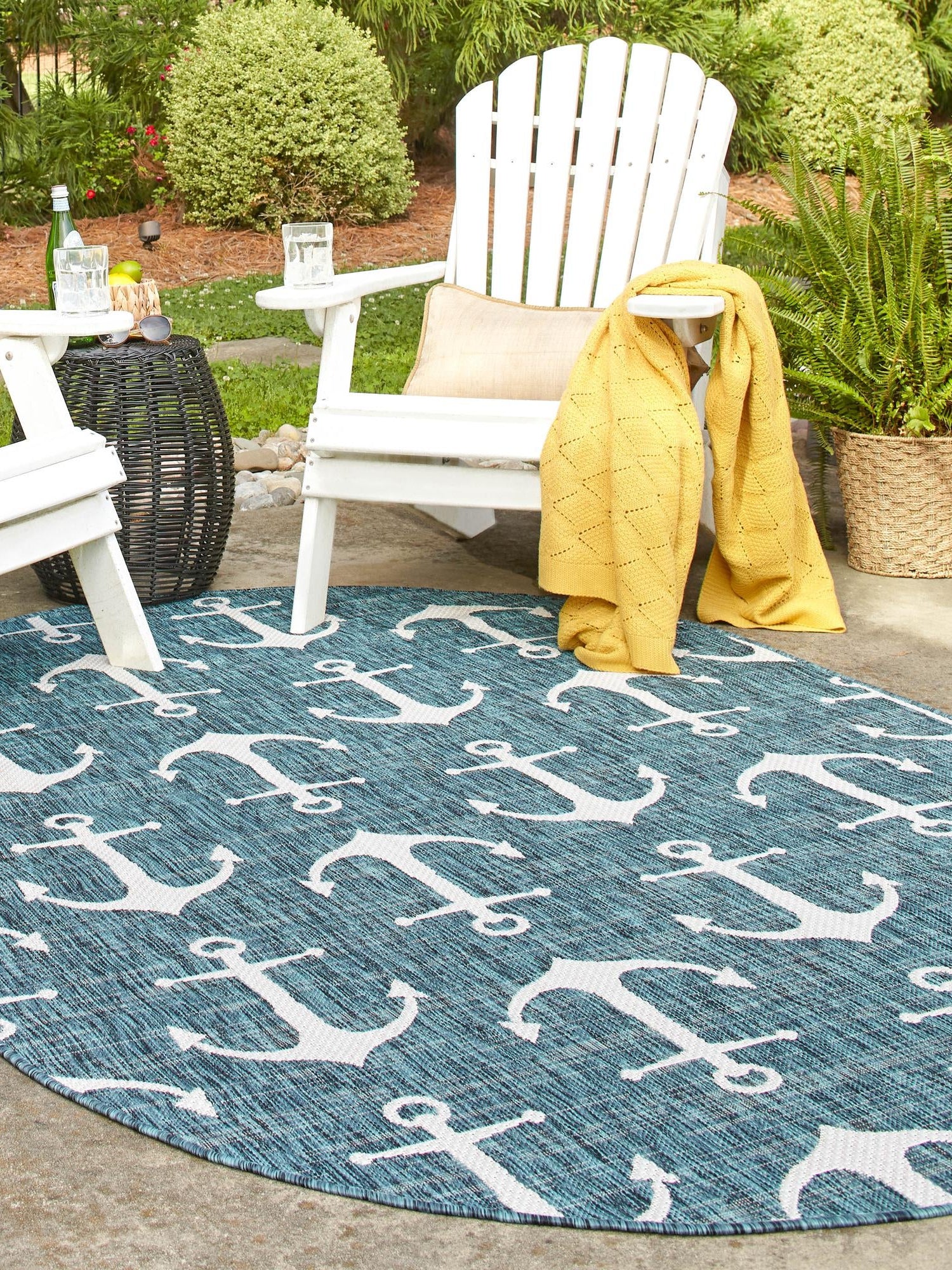 Teal 3' 1 x 5' 3 Outdoor Coastal Oval Area Rug Weather Resistant for Patio, Deck, Terrace, Balcony, Porch 100% Polypropylene Coastal Decor Carpet for Sale at Rug Engine