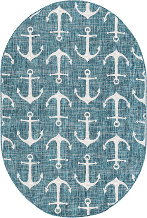 Teal 5' 3 x 8' Outdoor Coastal Oval Area Rug Weather Resistant for Patio, Deck, Terrace, Balcony, Porch 100% Polypropylene Coastal Decor Carpet for Sale at Rug Engine