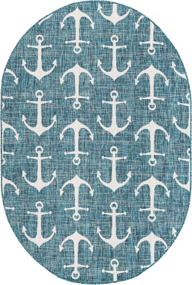 Teal 5' 3 x 8' Outdoor Coastal Oval Area Rug Weather Resistant for Patio, Deck, Terrace, Balcony, Porch 100% Polypropylene Coastal Decor Carpet for Sale at Rug Engine