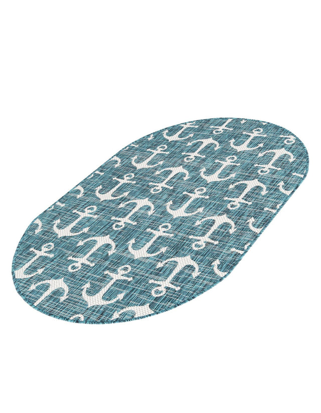 Teal 3' 1 x 5' 3 Outdoor Coastal Oval Area Rug Weather Resistant for Patio, Deck, Terrace, Balcony, Porch 100% Polypropylene Coastal Decor Carpet for Sale at Rug Engine