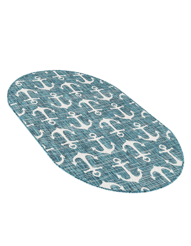 Teal 3' 1 x 5' 3 Outdoor Coastal Oval Area Rug Weather Resistant for Patio, Deck, Terrace, Balcony, Porch 100% Polypropylene Coastal Decor Carpet for Sale at Rug Engine