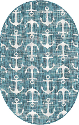 Teal 3' 1 x 5' 3 Outdoor Coastal Oval Area Rug Weather Resistant for Patio, Deck, Terrace, Balcony, Porch 100% Polypropylene Coastal Decor Carpet for Sale at Rug Engine