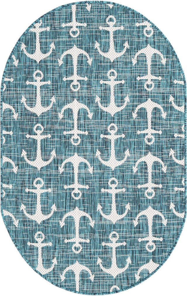 Teal 3' 1 x 5' 3 Outdoor Coastal Oval Area Rug Weather Resistant for Patio, Deck, Terrace, Balcony, Porch 100% Polypropylene Coastal Decor Carpet for Sale at Rug Engine