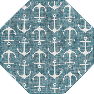 Teal 7' 10 x 7' 10 Outdoor Coastal Octagon Area Rug Weather Resistant for Patio, Deck, Terrace, Balcony, Porch 100% Polypropylene Coastal Decor Carpet for Sale at Rug Engine