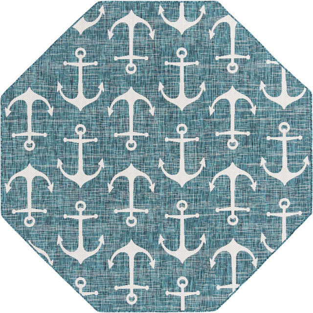 Teal 7' 10 x 7' 10 Outdoor Coastal Octagon Area Rug Weather Resistant for Patio, Deck, Terrace, Balcony, Porch 100% Polypropylene Coastal Decor Carpet for Sale at Rug Engine