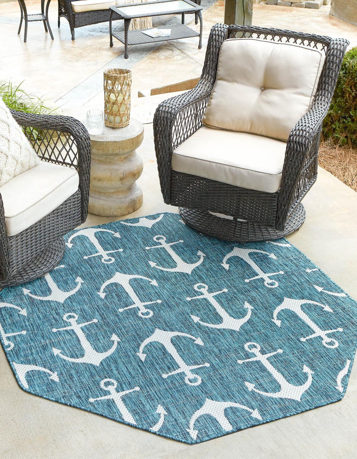 Teal 7' 10 x 7' 10 Outdoor Coastal Octagon Area Rug Weather Resistant for Patio, Deck, Terrace, Balcony, Porch 100% Polypropylene Coastal Decor Carpet for Sale at Rug Engine