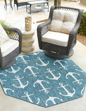 Teal 7' 10 x 7' 10 Outdoor Coastal Octagon Area Rug Weather Resistant for Patio, Deck, Terrace, Balcony, Porch 100% Polypropylene Coastal Decor Carpet for Sale at Rug Engine