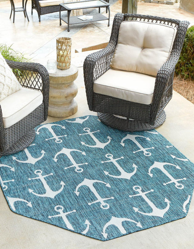 Teal 7' 10 x 7' 10 Outdoor Coastal Octagon Area Rug Weather Resistant for Patio, Deck, Terrace, Balcony, Porch 100% Polypropylene Coastal Decor Carpet for Sale at Rug Engine