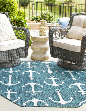 Teal 7' 10 x 7' 10 Outdoor Coastal Octagon Area Rug Weather Resistant for Patio, Deck, Terrace, Balcony, Porch 100% Polypropylene Coastal Decor Carpet for Sale at Rug Engine