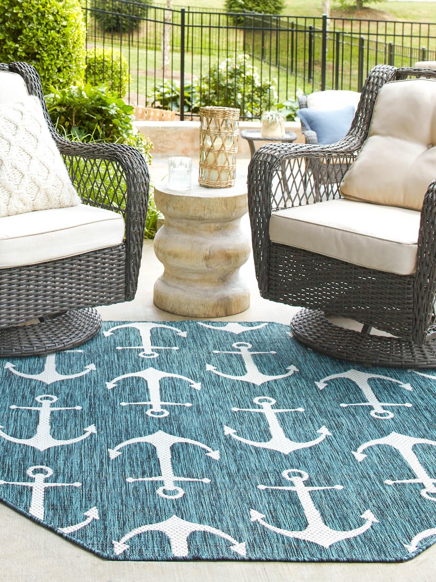Teal 5' 3 x 5' 3 Outdoor Coastal Octagon Area Rug Weather Resistant for Patio, Deck, Terrace, Balcony, Porch 100% Polypropylene Coastal Decor Carpet for Sale at Rug Engine