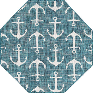 Teal 5' 3 x 5' 3 Outdoor Coastal Octagon Area Rug Weather Resistant for Patio, Deck, Terrace, Balcony, Porch 100% Polypropylene Coastal Decor Carpet for Sale at Rug Engine
