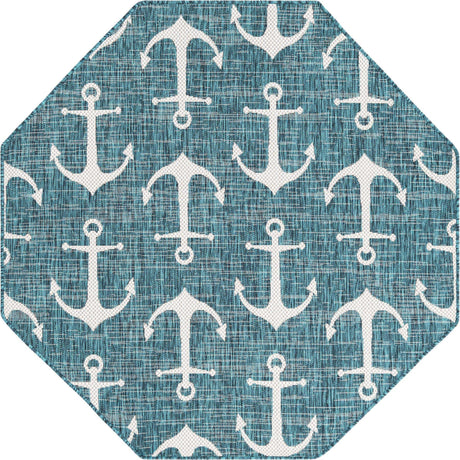Teal 5' 3 x 5' 3 Outdoor Coastal Octagon Area Rug Weather Resistant for Patio, Deck, Terrace, Balcony, Porch 100% Polypropylene Coastal Decor Carpet for Sale at Rug Engine