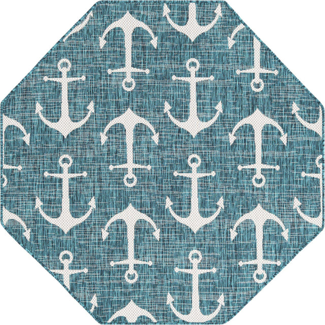 Teal 5' 3 x 5' 3 Outdoor Coastal Octagon Area Rug Weather Resistant for Patio, Deck, Terrace, Balcony, Porch 100% Polypropylene Coastal Decor Carpet for Sale at Rug Engine