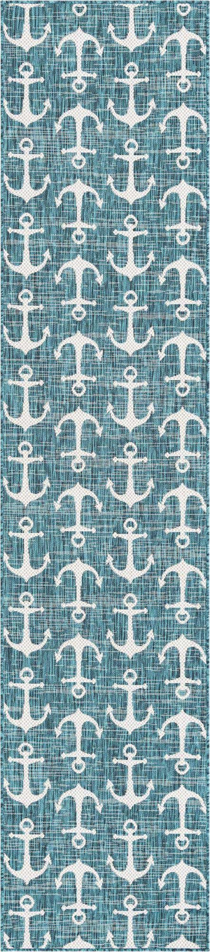 Teal 2' 7 x 12' Outdoor Coastal Runner Area Rug Weather Resistant for Patio, Deck, Terrace, Balcony, Porch 100% Polypropylene Coastal Decor Carpet for Sale at Rug Engine