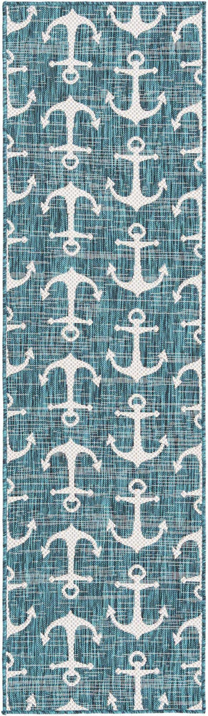 Teal 2' x 8' Outdoor Coastal Runner Area Rug Weather Resistant for Patio, Deck, Terrace, Balcony, Porch 100% Polypropylene Coastal Decor Carpet for Sale at Rug Engine