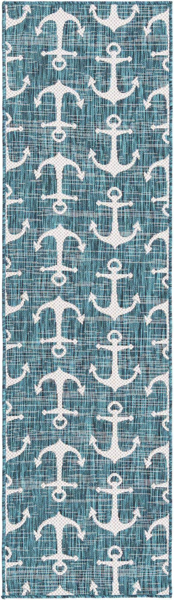 Teal 2' x 8' Outdoor Coastal Runner Area Rug Weather Resistant for Patio, Deck, Terrace, Balcony, Porch 100% Polypropylene Coastal Decor Carpet for Sale at Rug Engine