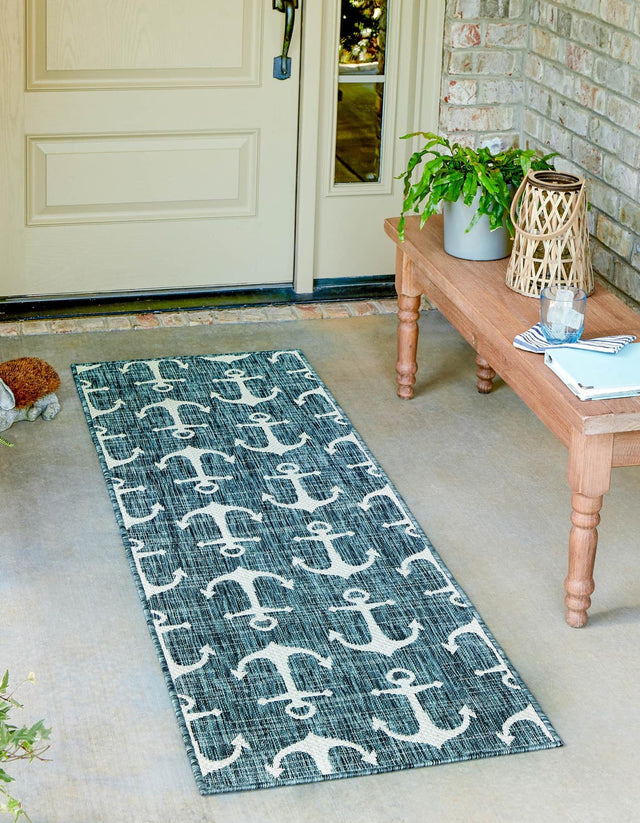 Teal 2' 7 x 12' Outdoor Coastal Runner Area Rug Weather Resistant for Patio, Deck, Terrace, Balcony, Porch 100% Polypropylene Coastal Decor Carpet for Sale at Rug Engine