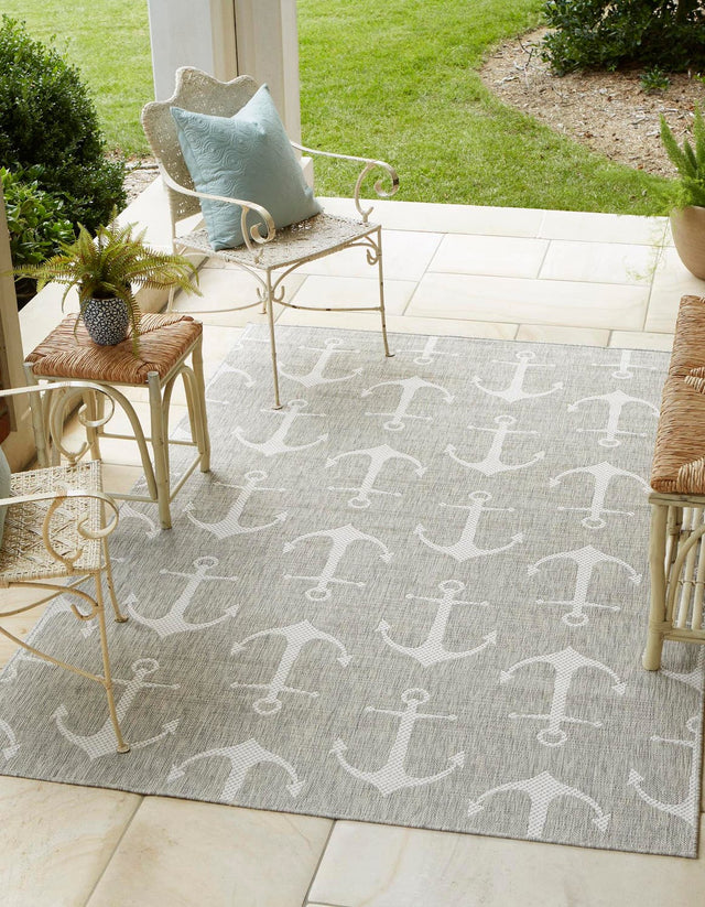 Gray 7' 10 x 11' Outdoor Coastal Rectangle Area Rug Weather Resistant for Patio, Deck, Terrace, Balcony, Porch 100% Polypropylene Coastal Decor Carpet for Sale at Rug Engine