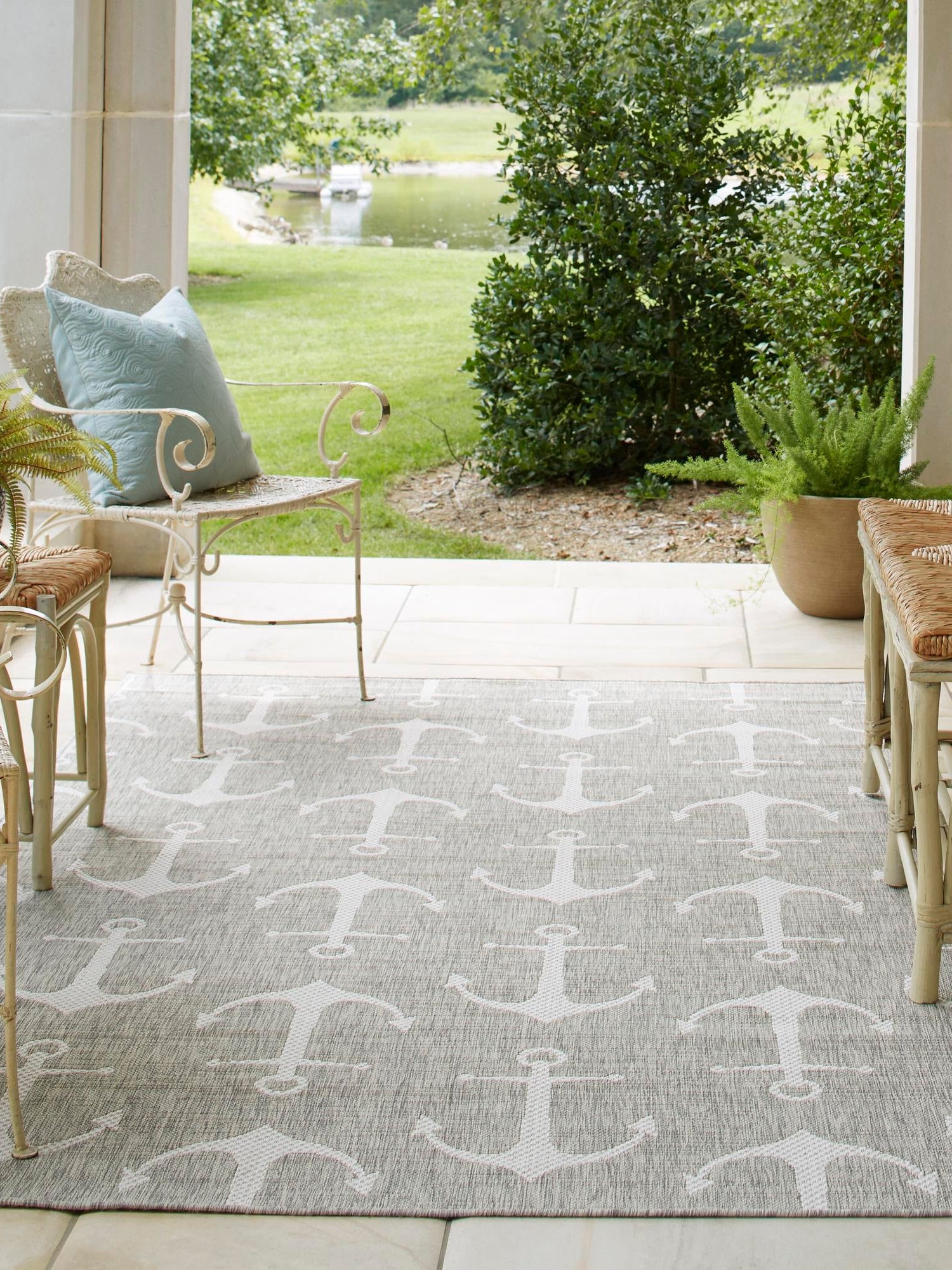 Gray 7' 10 x 11' Outdoor Coastal Rectangle Area Rug Weather Resistant for Patio, Deck, Terrace, Balcony, Porch 100% Polypropylene Coastal Decor Carpet for Sale at Rug Engine