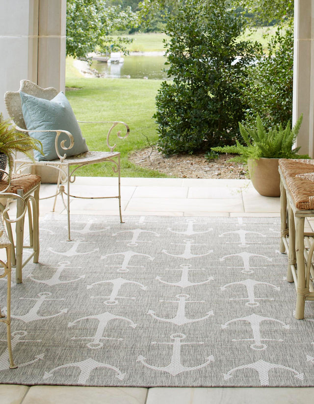 Gray 7' 10 x 11' Outdoor Coastal Rectangle Area Rug Weather Resistant for Patio, Deck, Terrace, Balcony, Porch 100% Polypropylene Coastal Decor Carpet for Sale at Rug Engine