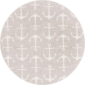 Gray 7' 10 x 7' 10 Outdoor Coastal Round Area Rug Weather Resistant for Patio, Deck, Terrace, Balcony, Porch 100% Polypropylene Coastal Decor Carpet for Sale at Rug Engine