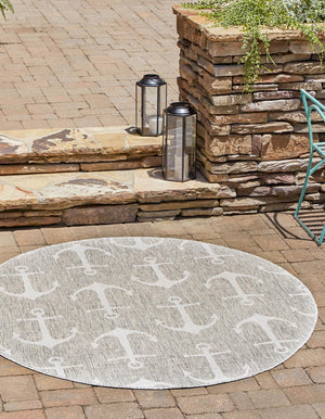 Gray 4' 1 x 4' 1 Outdoor Coastal Round Area Rug Weather Resistant for Patio, Deck, Terrace, Balcony, Porch 100% Polypropylene Coastal Decor Carpet for Sale at Rug Engine